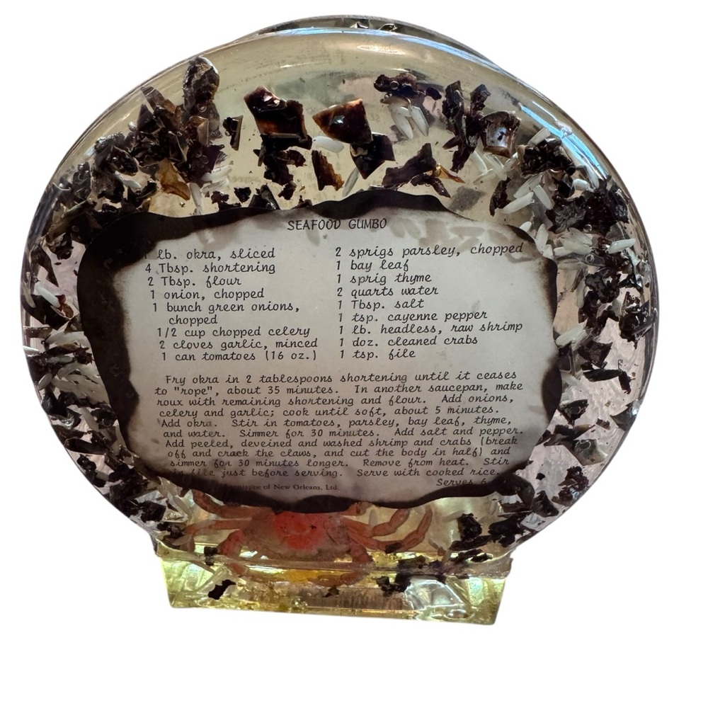 Vintage 70s Kitsch Lucite Napkin Letter Holder Seafood Gumbo Recipe  Crab Resin